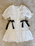 bow ruffled lantern sleeve pocket cotton dress