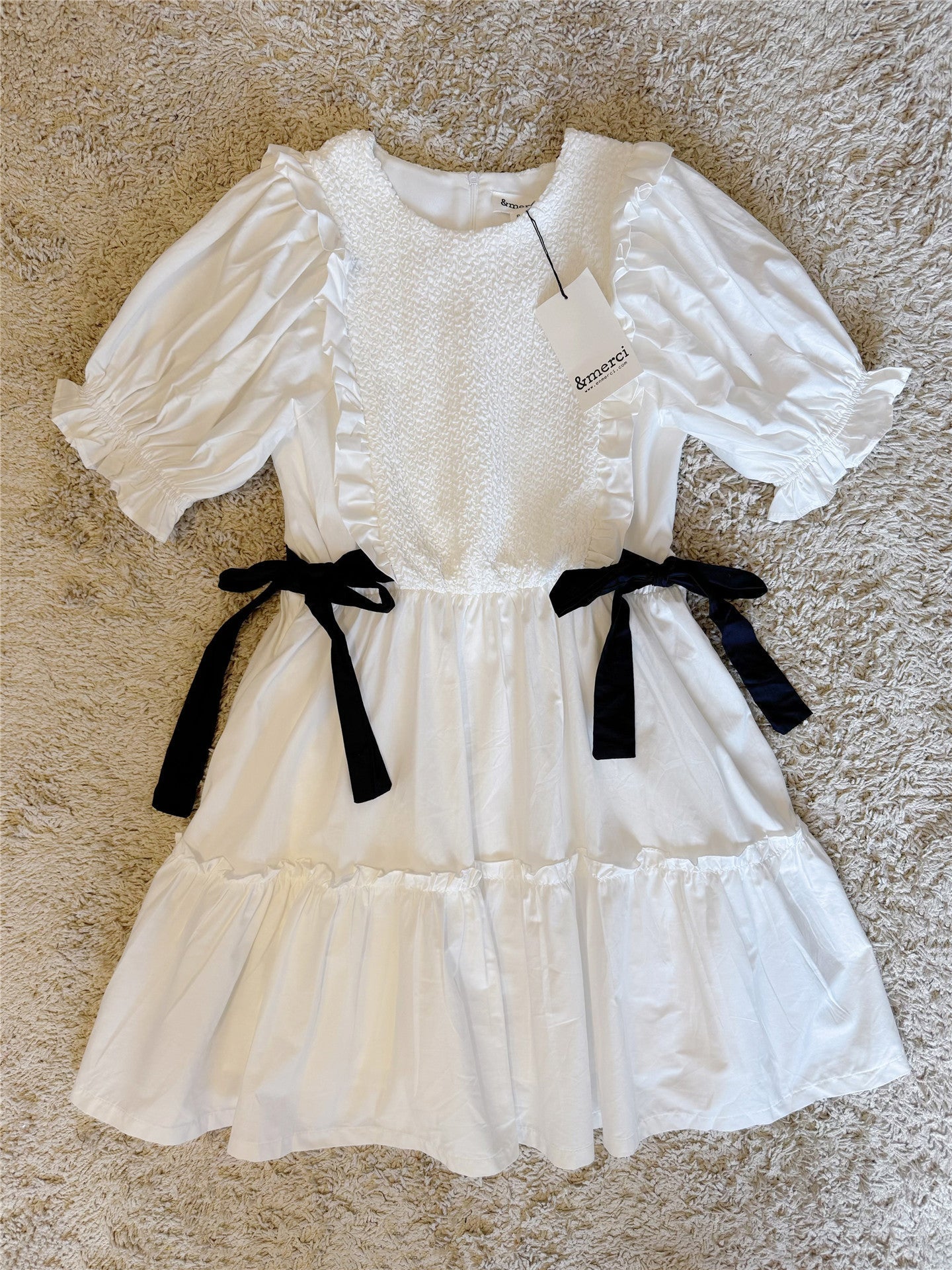 bow ruffled lantern sleeve pocket cotton dress
