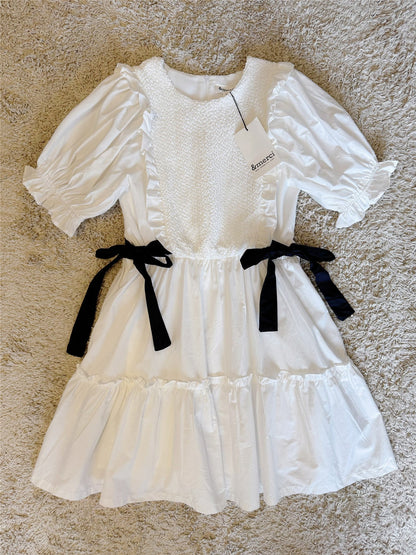bow ruffled lantern sleeve pocket cotton dress