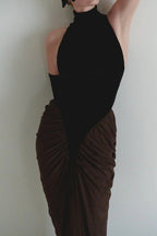 Flowering Girl Women velvet mesh patchwork maxi dress in black