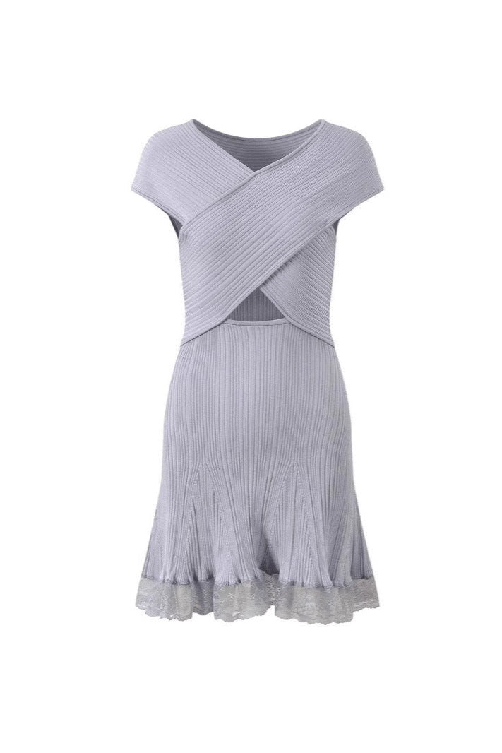 Blue Knit Lace Cutout Mini Dress