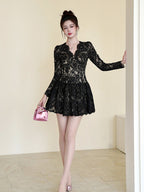 Sabrina Black Lace Hollow Long Sleeve a-Line Mini Dress