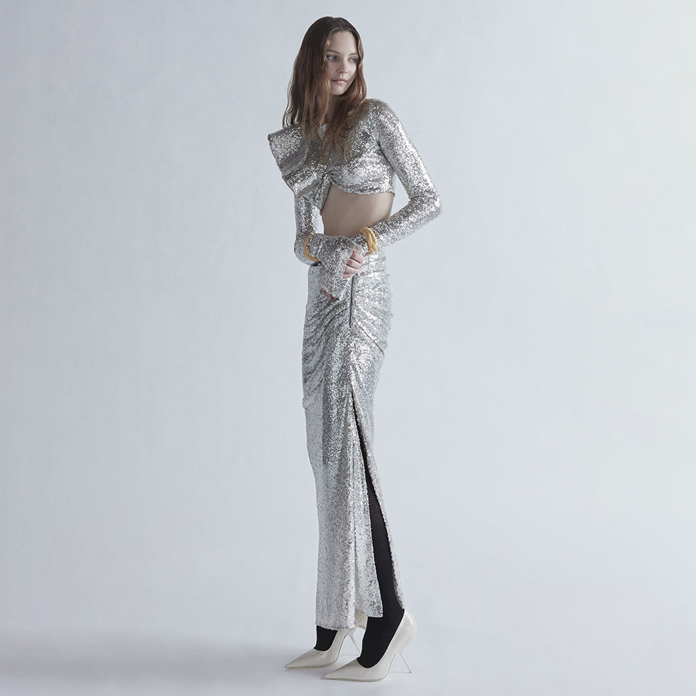 Flowering Girl Women crop top drape skirt set in silver