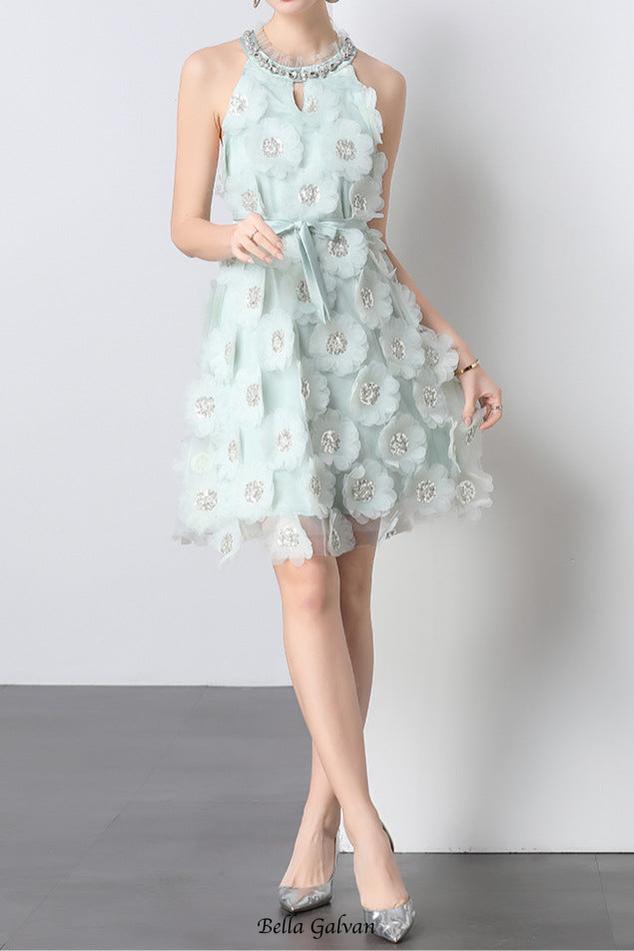 Flowering Girl Women chloe rhinestone 3d flower mini dress in mint