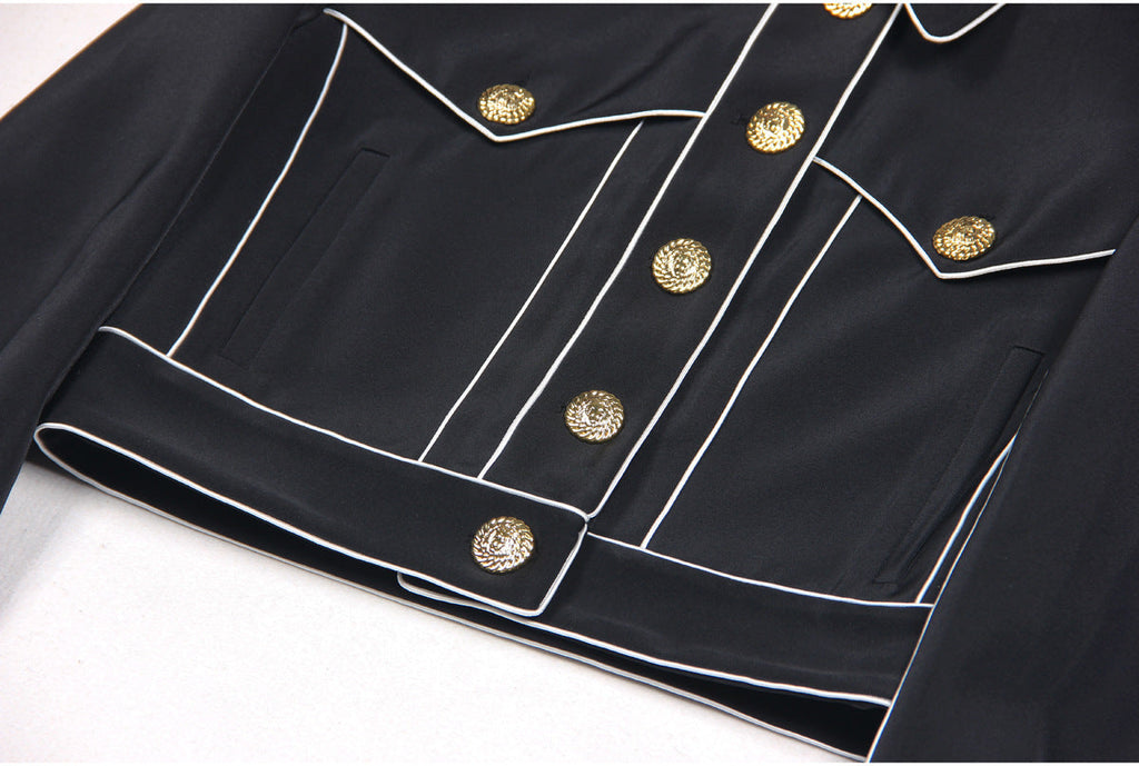 Flowering Girl Women amity seven-button black piped-trim jacket