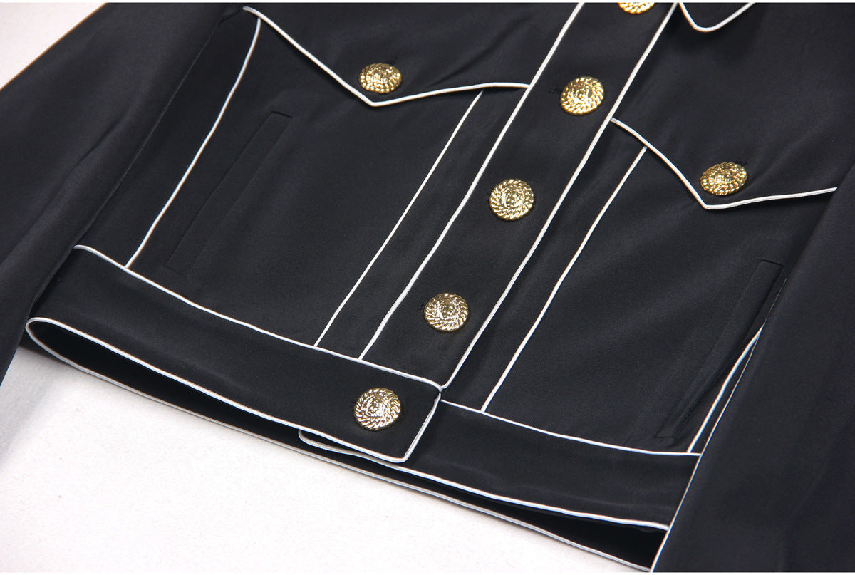 Flowering Girl Women amity seven-button black piped-trim jacket