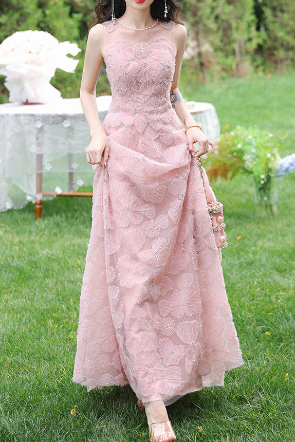 Pink 3D Floral Beaded Maxi Dress