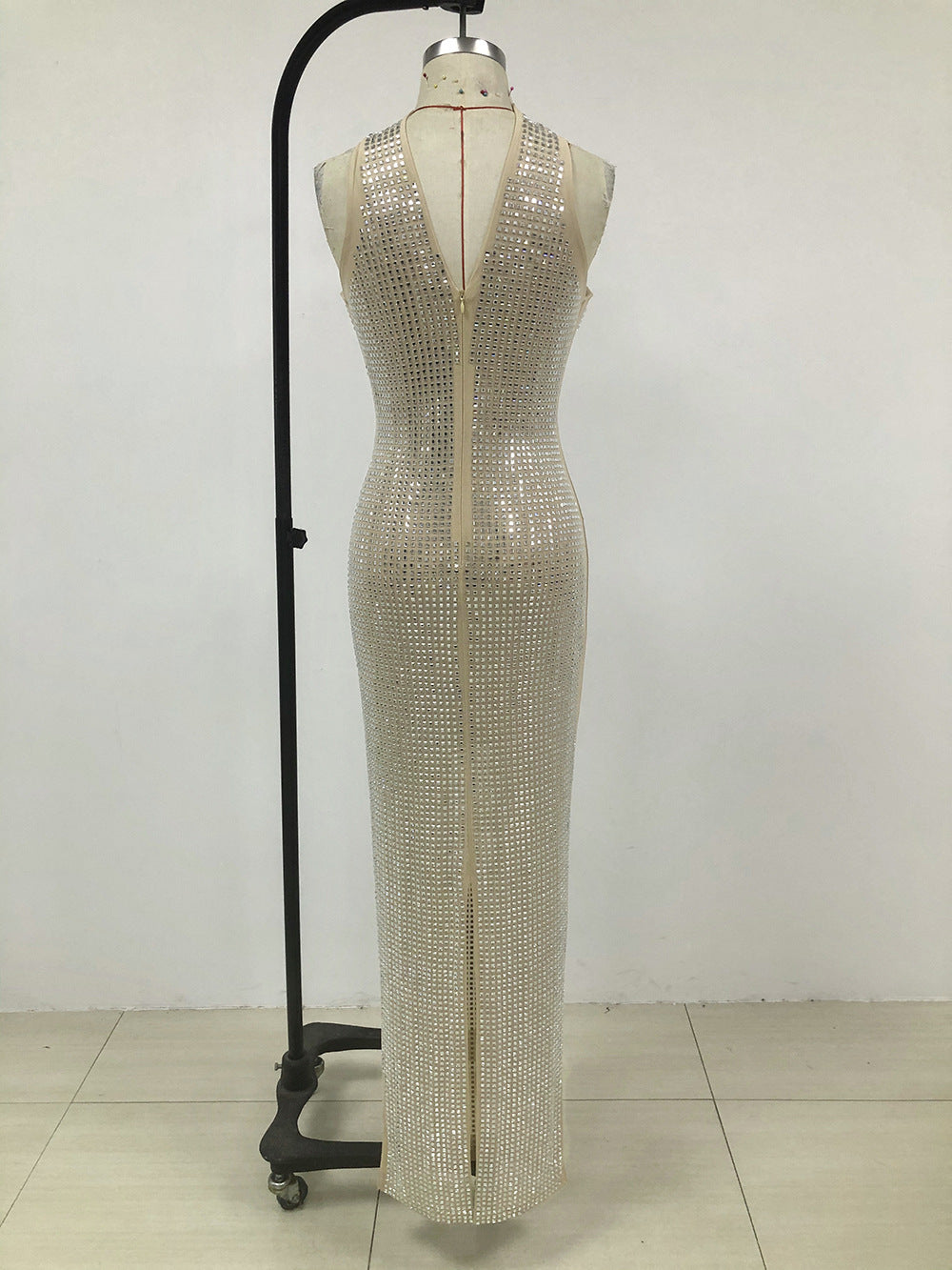 Silver Crystal Mesh Keyhole Cutout Mermaid Gown
