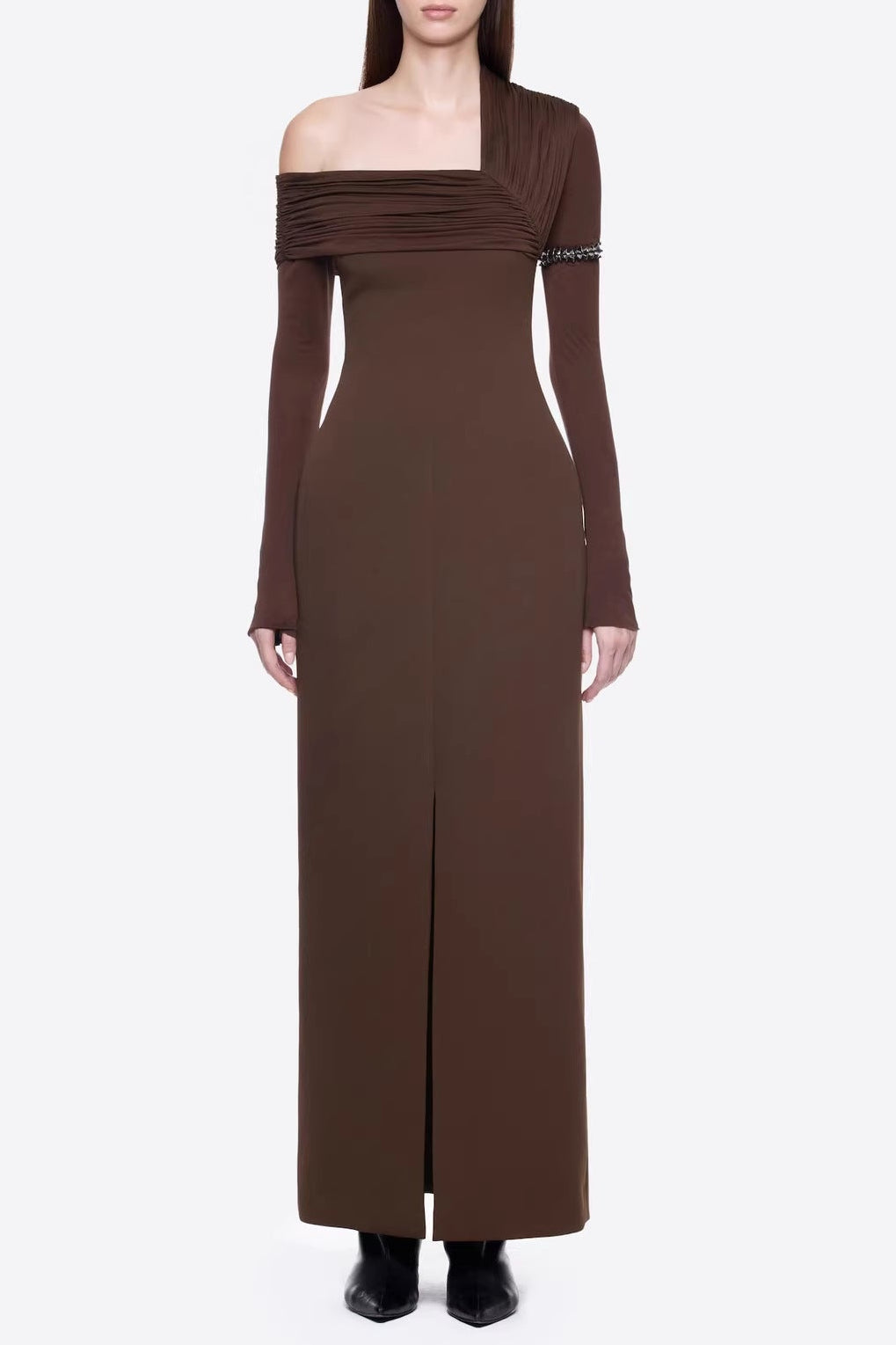 Flowering Girl Women maud One-shoulder pleated high-slit maxi dress - brown