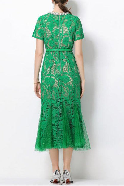 Rhinestone flower hollow lace fishtail midi dress - green