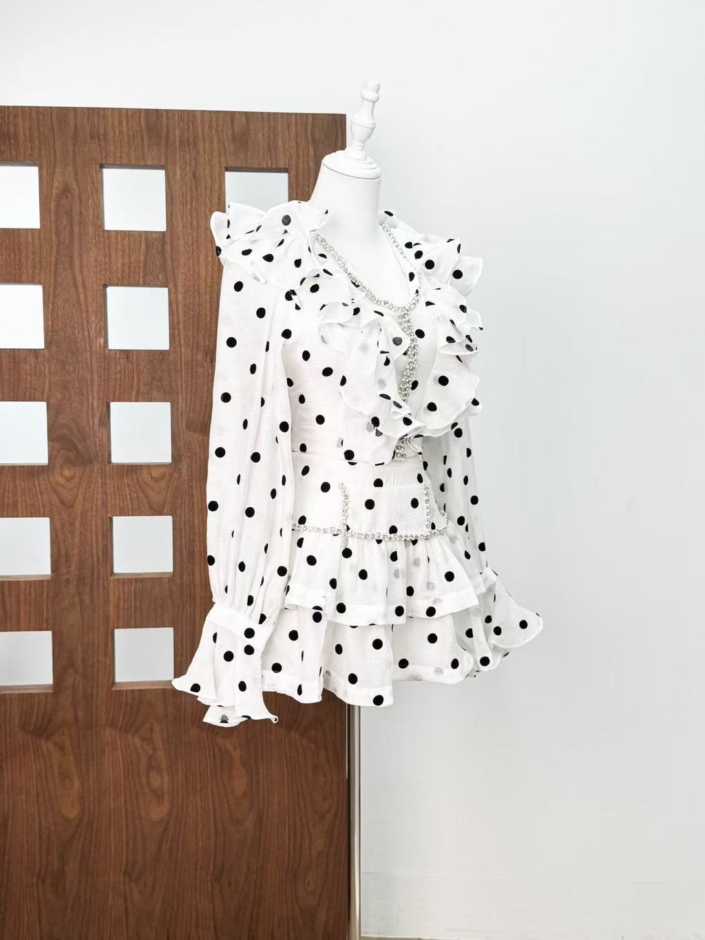 Flowering Girl Women Black-White Polka Dot Ruffled Long-Sleeved Top With Puffy Skirt