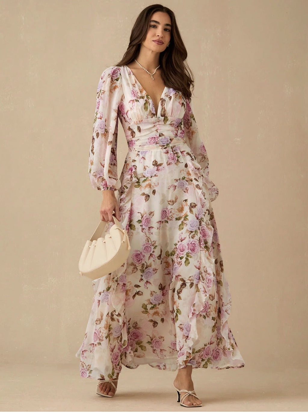 Victoria Multicolor v-Neck Floral Print Puff Sleeve Maxi Dress