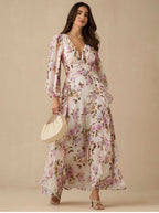 Victoria Multicolor v-Neck Floral Print Puff Sleeve Maxi Dress