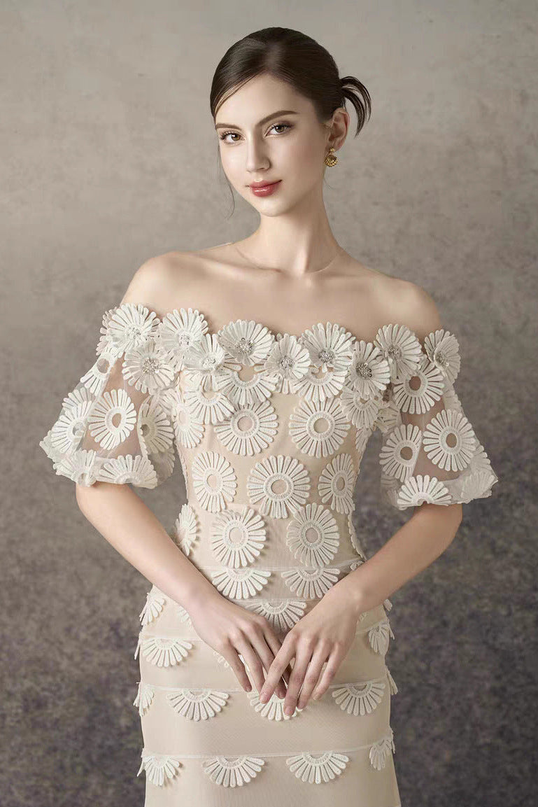 Off-the-Shoulder Daisy Lace Tiered Midi Dress