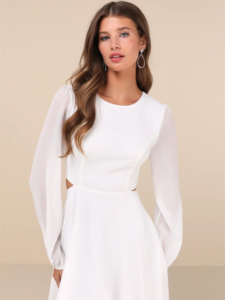 Flowering Girl Women white long-sleeved chiffon waistless dress
