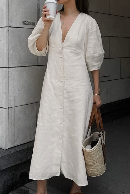 Flowering Girl Women Loose-fitting puff sleeve V-neck cotton linen midi dress