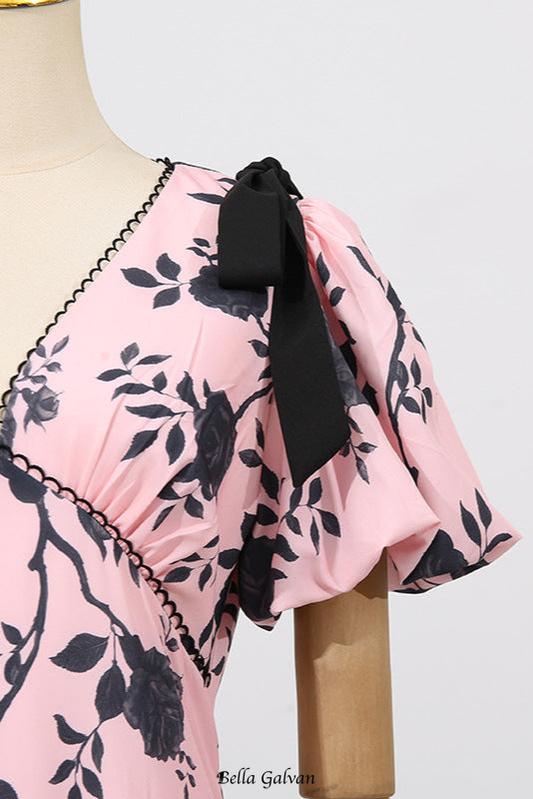 v-neck Satin Floral Midi Dress in pink