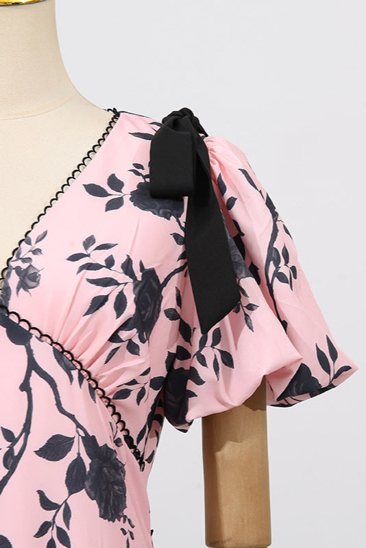 Flowering Girl Women v-Neck Satin Floral Midi Dress In Pink