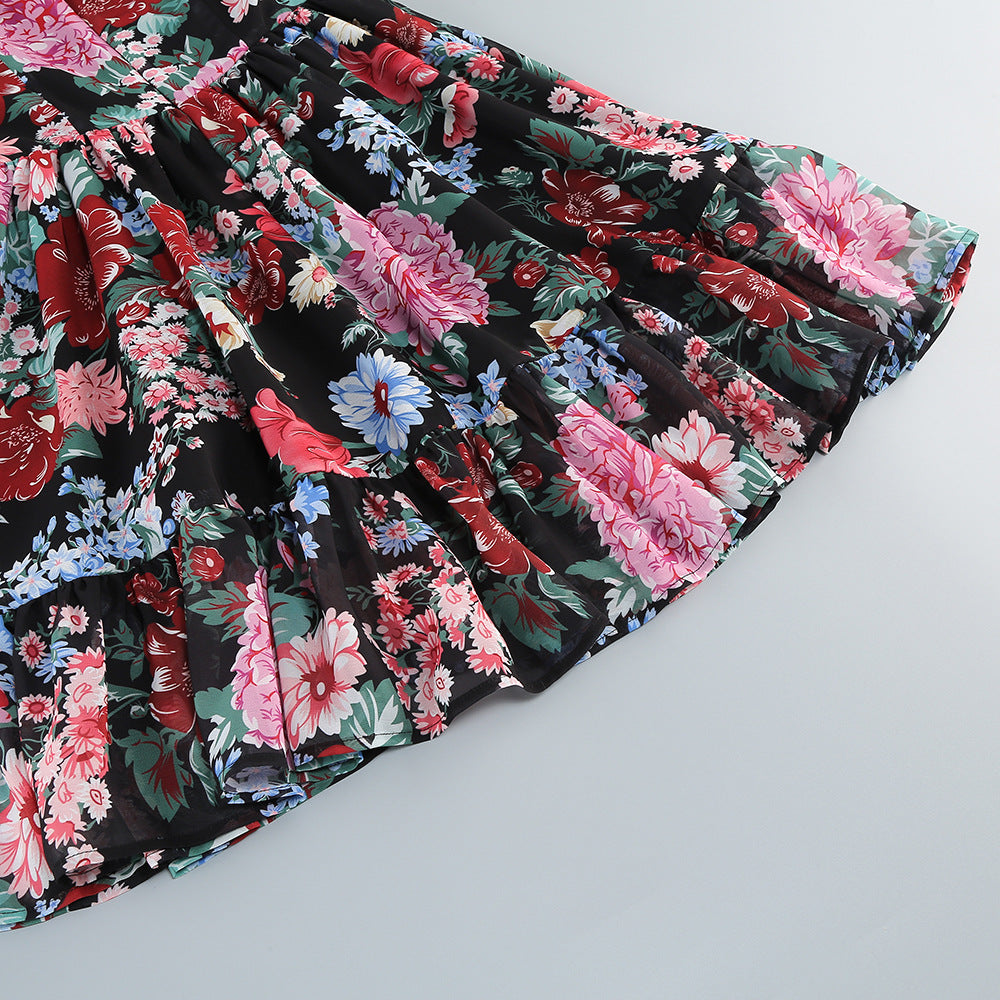 basia floral print ruffle trim hem puff mini dress