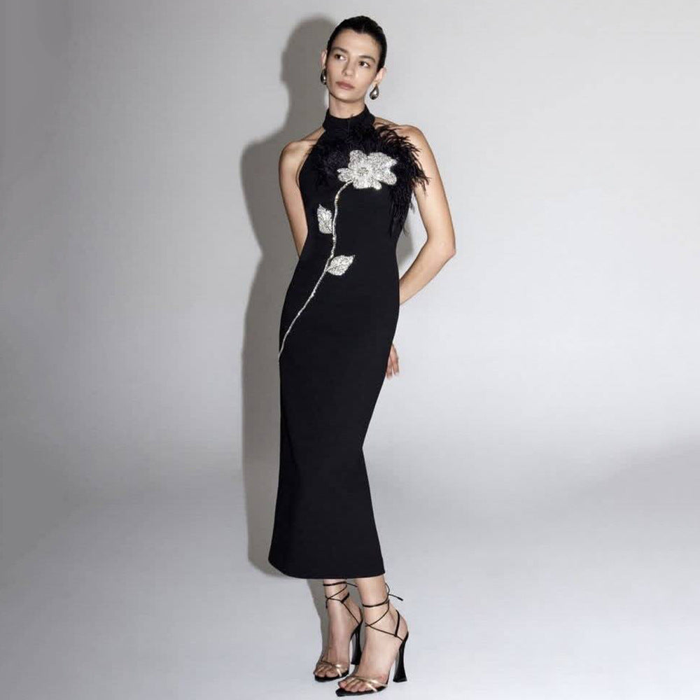 Beatrice Flower Rhinestone Feather Halter Midi Dress In Black