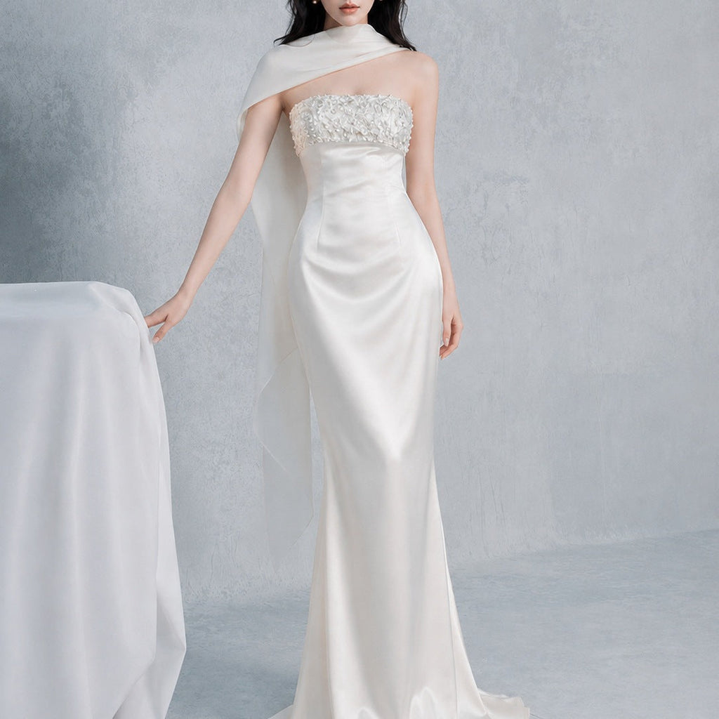 Flowering Girl Women sylvia rhinestone embellish strapless satin maxi dress - white