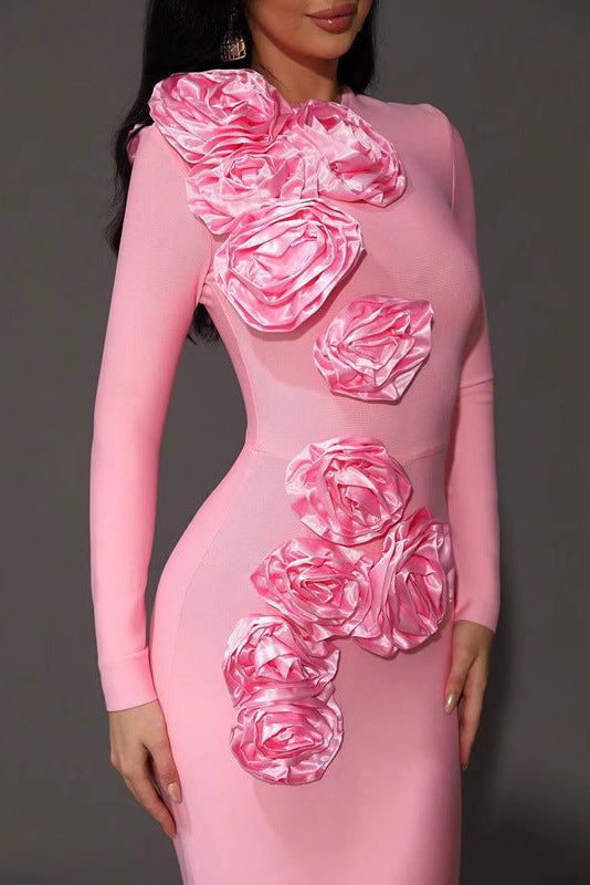 Sally 3D Flower Decorative Bandage Maxi Dress In Pink
