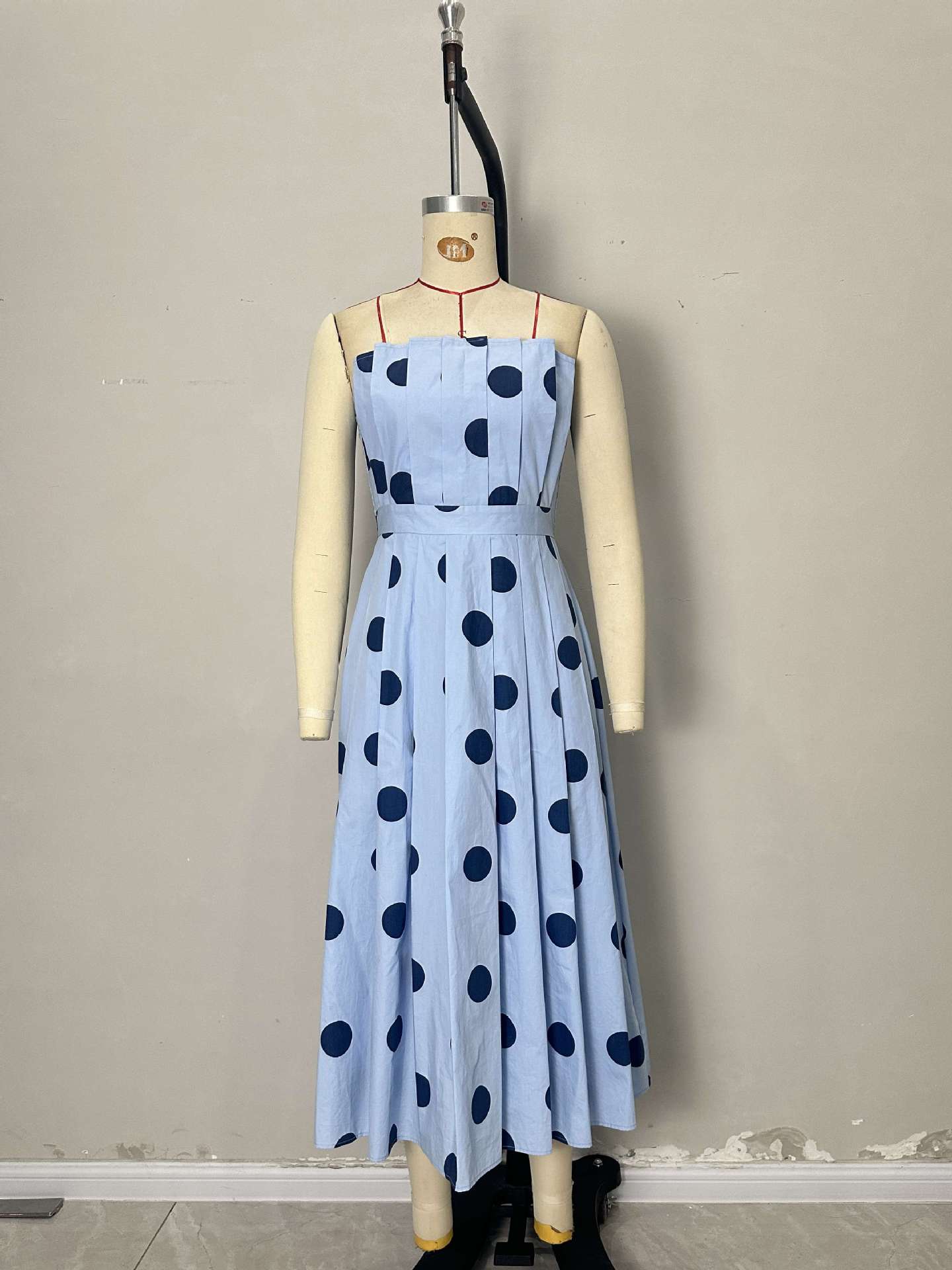 Flowering Girl Women Light Blue Polka Dot Strapless Pleated Waist Midi Swing Dress Women Vintage Holiday Dress