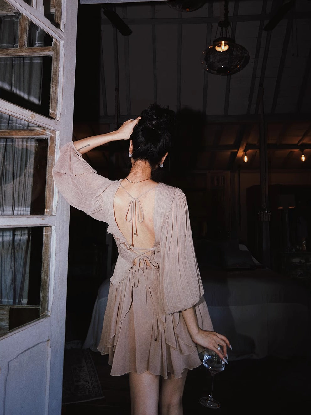 Flowering Girl Women V-neck lantern sleeve pleated midi dress in pale coffee