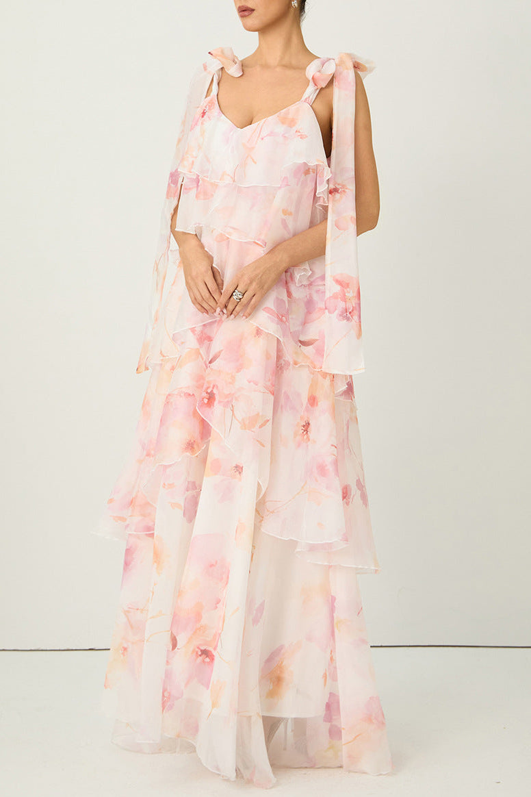 Flowering Girl Women beverly V-neck spaghetti strap chiffon maxi dress - pink