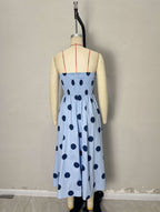 Flowering Girl Women Light Blue Polka Dot Strapless Pleated Waist Midi Swing Dress Women Vintage Holiday Dress