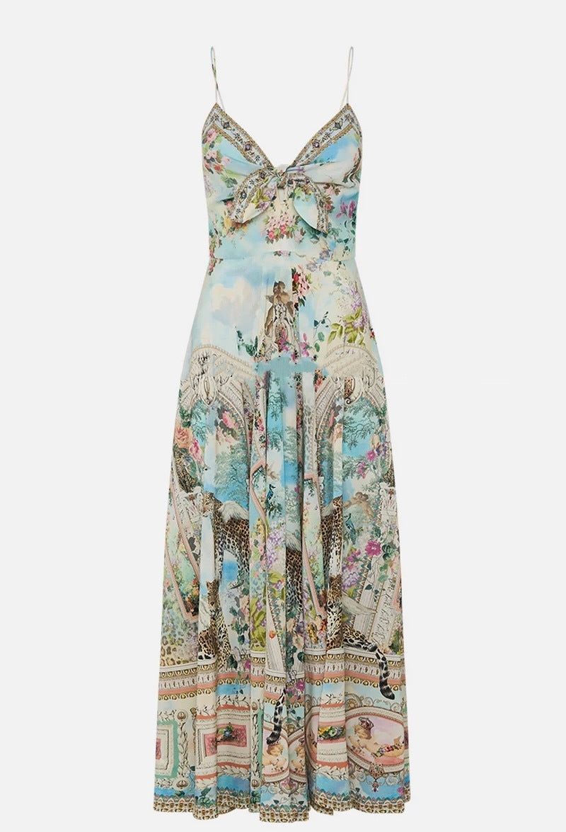 Flowering Girl Women Retro oil painting print halter maxi dress