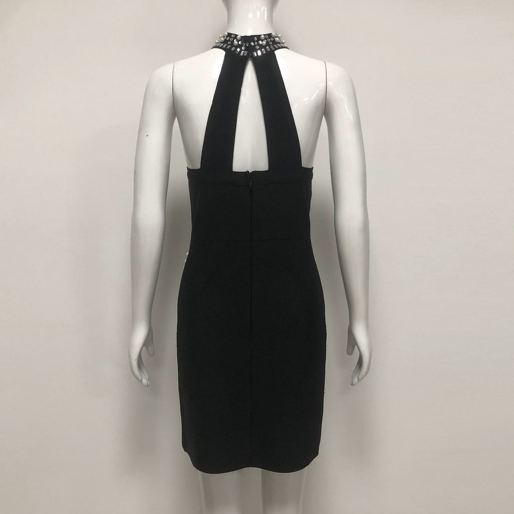 nelly pearl rhinestone halter mini dress in black