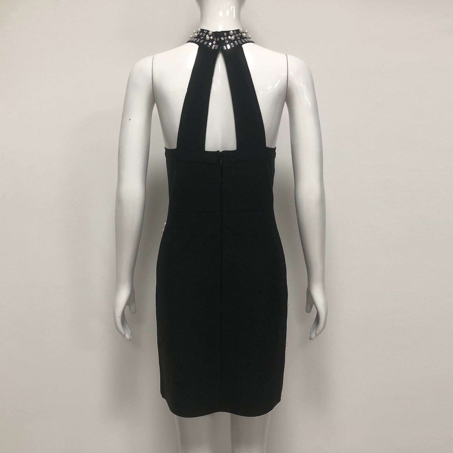 nelly pearl rhinestone halter mini dress in black