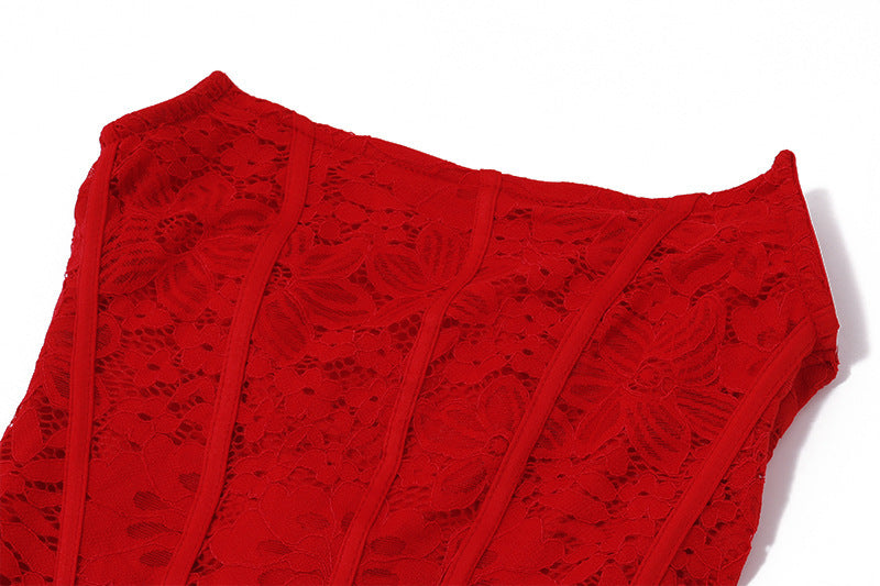 Red Strapless Bandage Backless Floral Lace Corset Tube Mini Dress