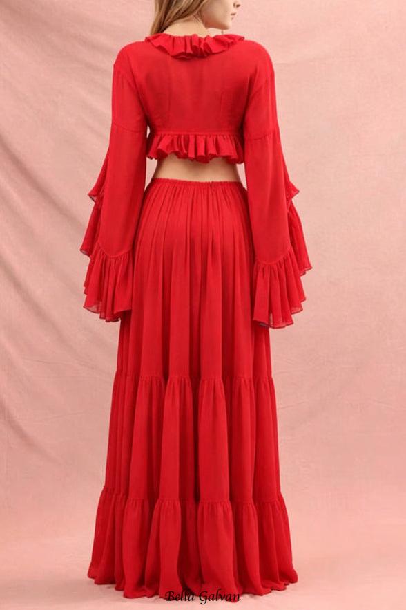 Flowering Girl Women Ruffle cardigan crop top & maxi skirt set - red