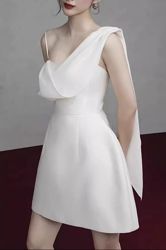 Flowering Girl Women White Asymmetrical One-Shoulder Mini Dress with Sash Tie