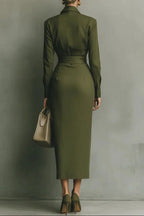 Flowering Girl Women green Long Skirt Shirt Collar Long Sleeve Pocket maxi Dress