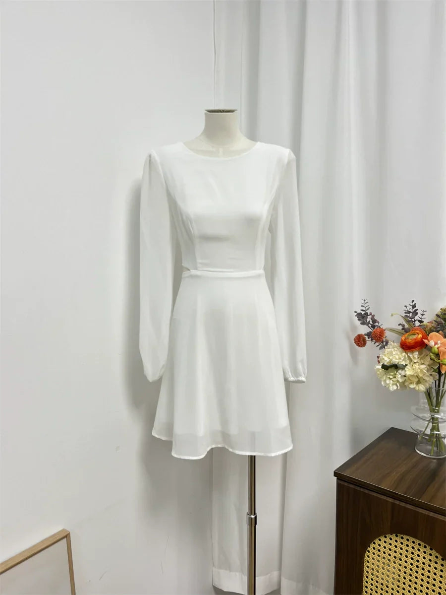Flowering Girl Women white long-sleeved chiffon waistless dress