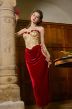 claire Wild Rose Corset maxi Dress - gold / red
