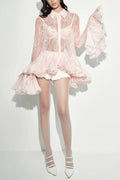Pink Mesh Lace Ruffled Trumpet Sleeve Shirt Dress Shorts Set