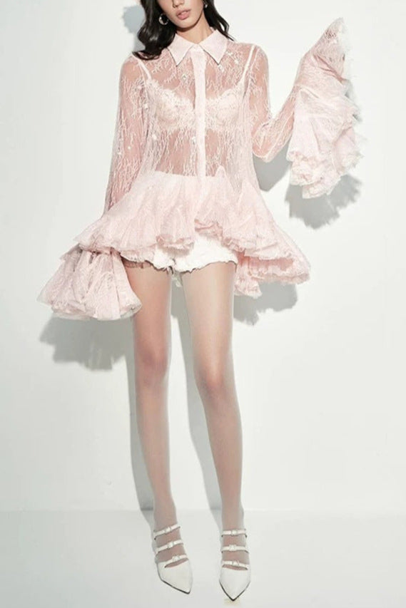 Pink Mesh Lace Ruffled Trumpet Sleeve Shirt Dress Shorts Set