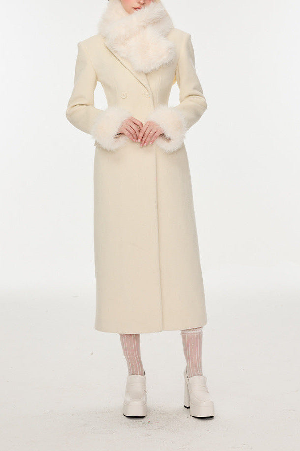 Flowering Girl Women Ivory Slim faux fur mid-length woolen coat