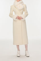 Flowering Girl Women Ivory Slim faux fur mid-length woolen coat