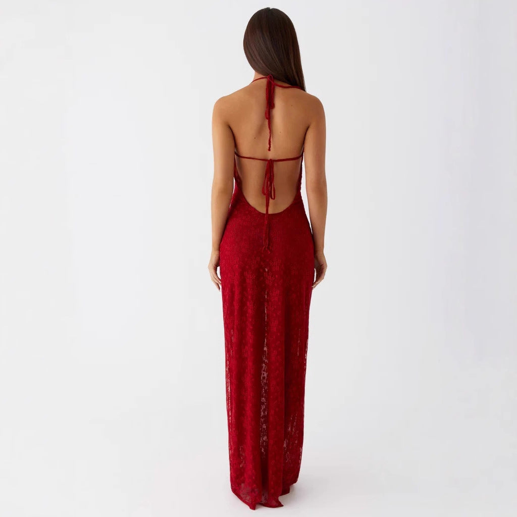 Flowering Girl Women Lace-up long dress with open back and spaghetti straps - red