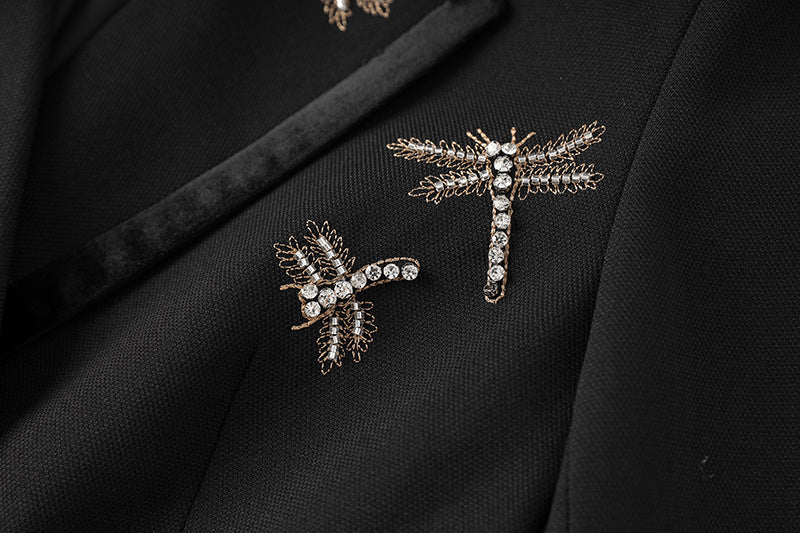 Flowering Girl Women Nail Drill Dragonfly Embroidery Blazer in black