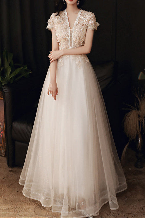 Flowering Girl Women 3D Floral Lace Short Sleeve Tulle Floor-Length Evening Gown