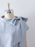 Flowering Girl Women Asymmetrical Side Big Bow Stand Collar Cap Sleeve Satin Blouse