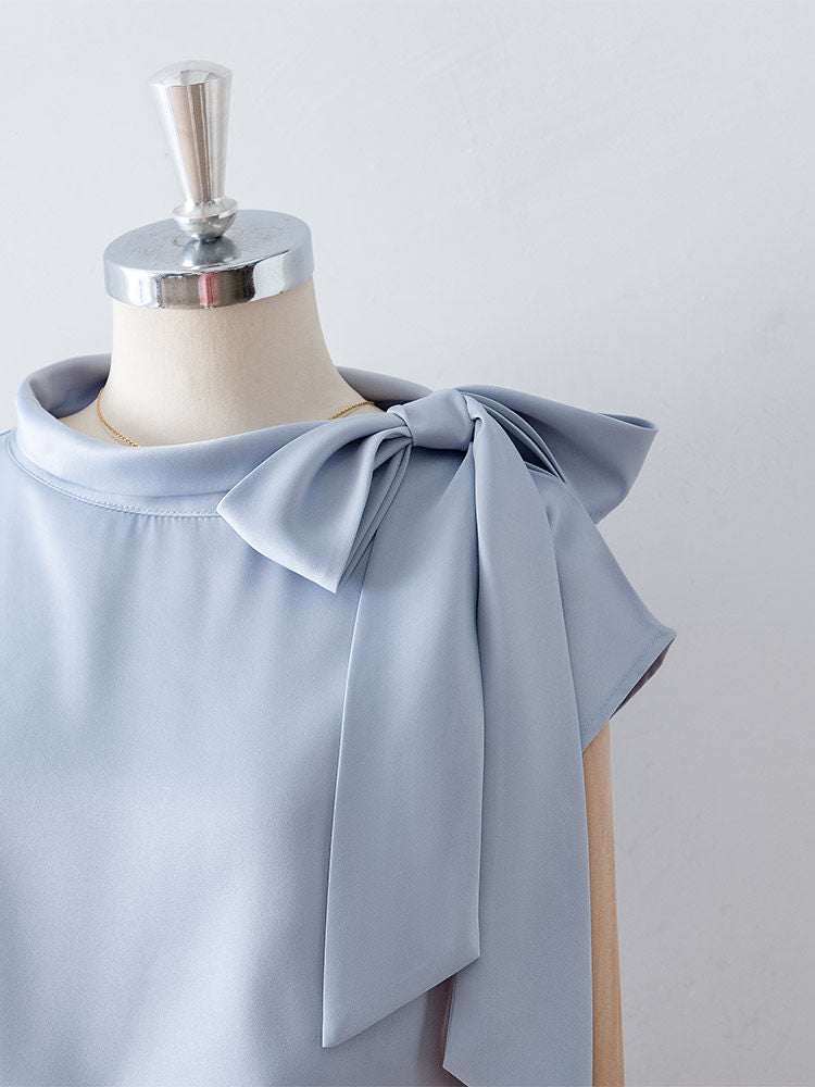 Flowering Girl Women Asymmetrical Side Big Bow Stand Collar Cap Sleeve Satin Blouse