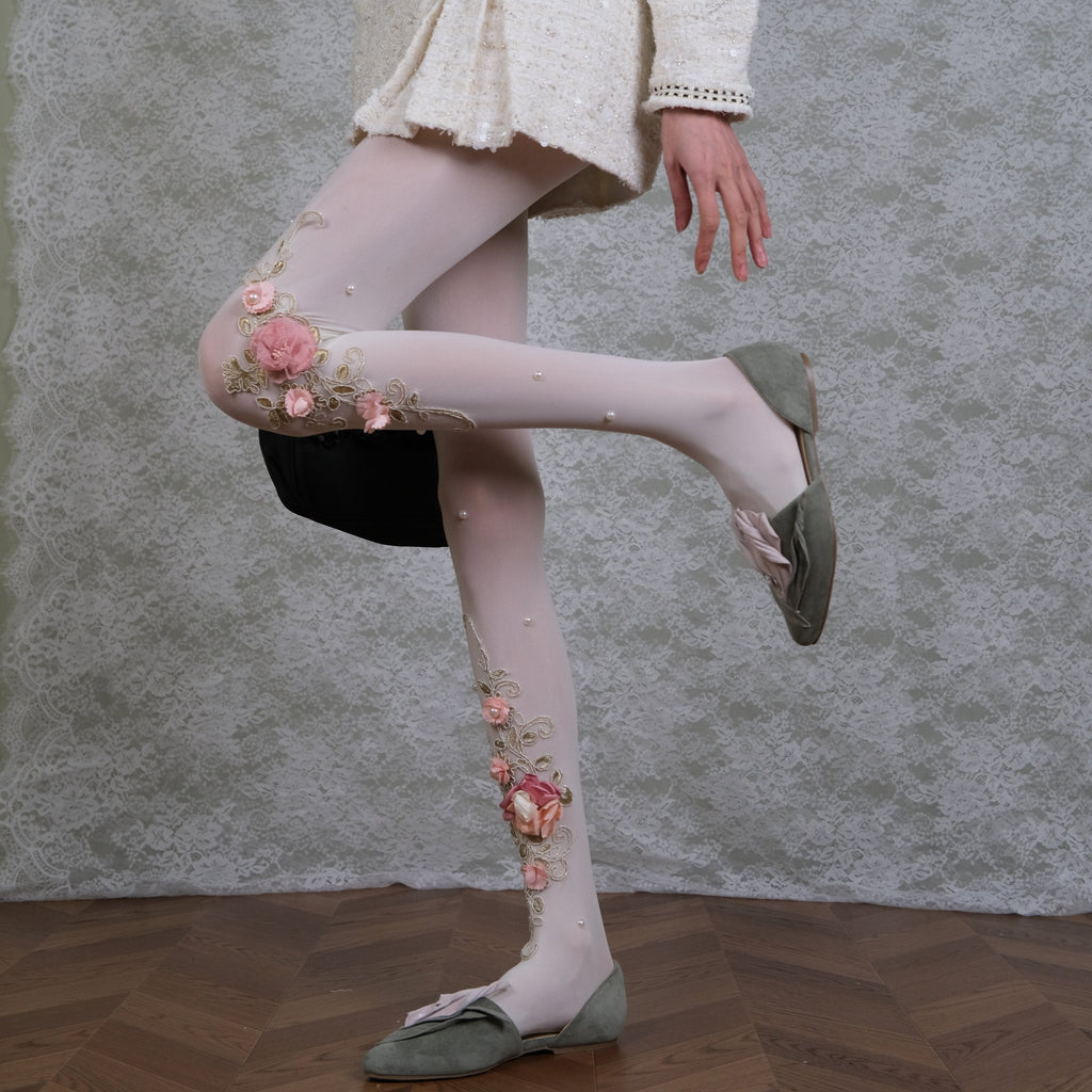 Sheer White Floral Embroidered Tights with 3D Flowers & Pearls