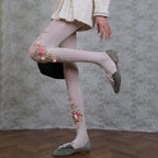 Sheer White Floral Embroidered Tights with 3D Flowers & Pearls